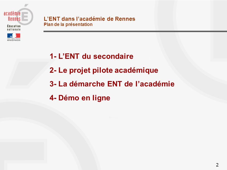 2 LENT dans lacadémie de Rennes Plan de la présentation 1- LENT du secondaire 2- Le projet pilote académique 3- La démarche ENT de lacadémie 4- Démo en ligne