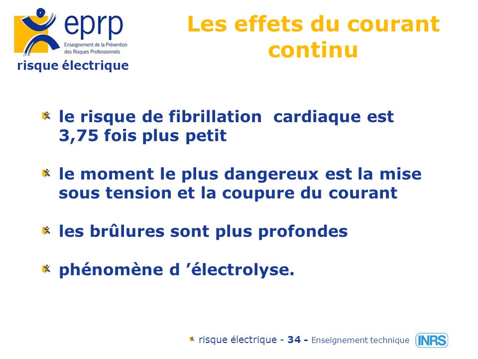 risque électrique risque électrique Enseignement technique Les effets du passage du courant continu