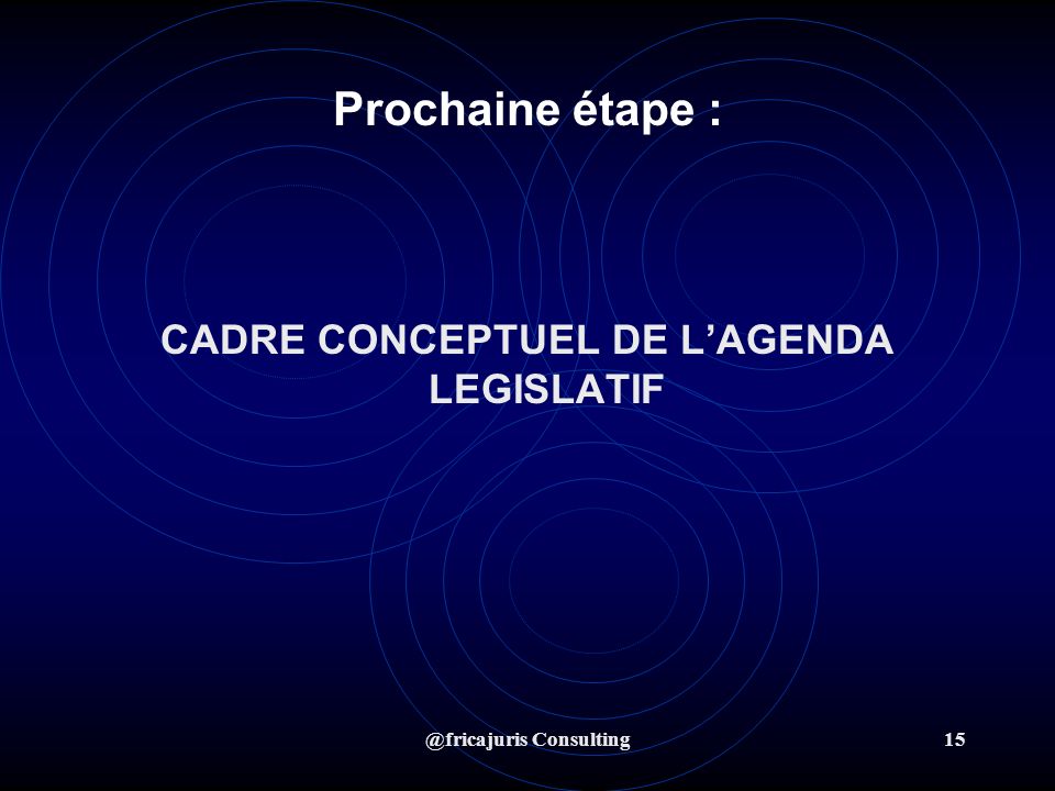 @fricajuris Consulting15 Prochaine étape : CADRE CONCEPTUEL DE LAGENDA LEGISLATIF