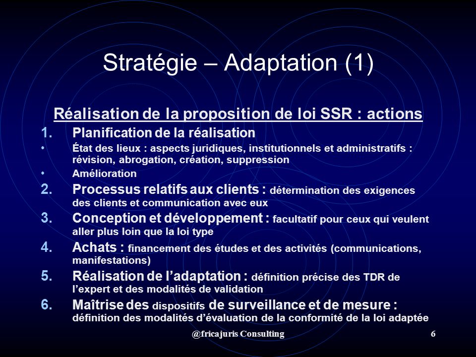 @fricajuris Consulting6 Stratégie – Adaptation (1) Réalisation de la proposition de loi SSR : actions 1.
