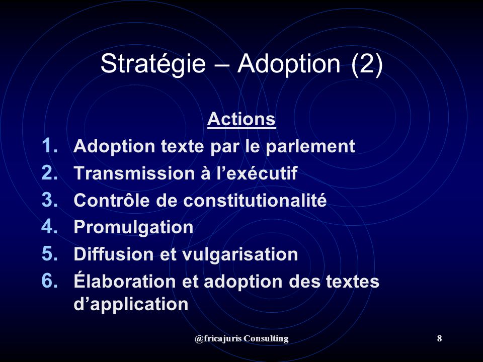 @fricajuris Consulting8 Stratégie – Adoption (2) Actions 1.