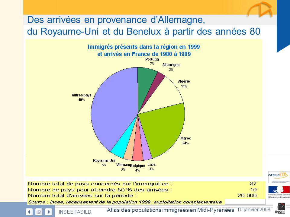Page 12 Atlas des populations immigrées en Midi-Pyrénées INSEE FASILD 10 janvier 2008 Des arrivées en provenance dAllemagne, du Royaume-Uni et du Benelux à partir des années 80