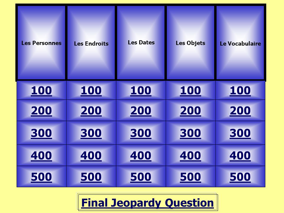 Final Jeopardy Question Les Personnes Les Endroits 100 Les Objets Le Vocabulaire Les Dates