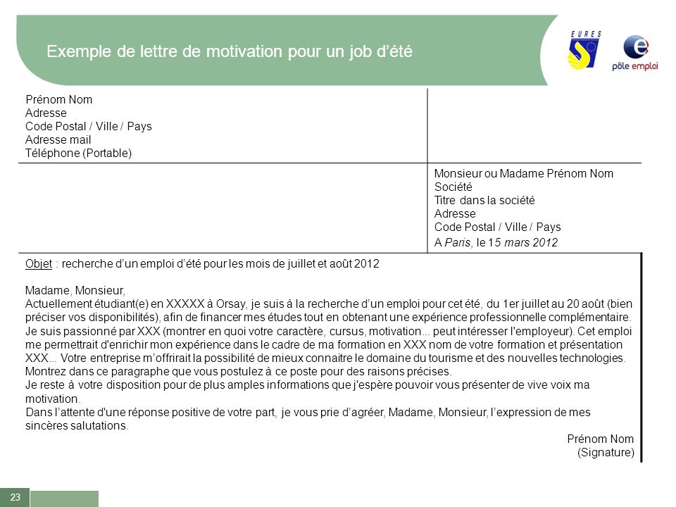 23 Exemple de lettre de motivation pour un job dÃ©tÃ© PrÃ©nom Nom ...