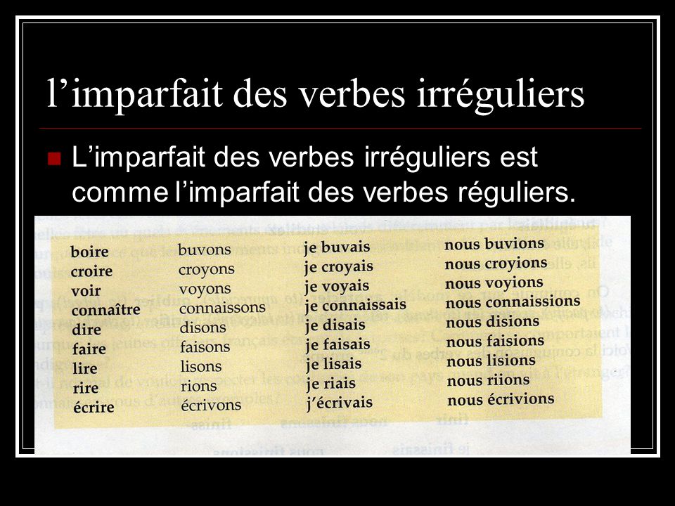 limparfait des verbes irréguliers Limparfait des verbes irréguliers est comme limparfait des verbes réguliers.