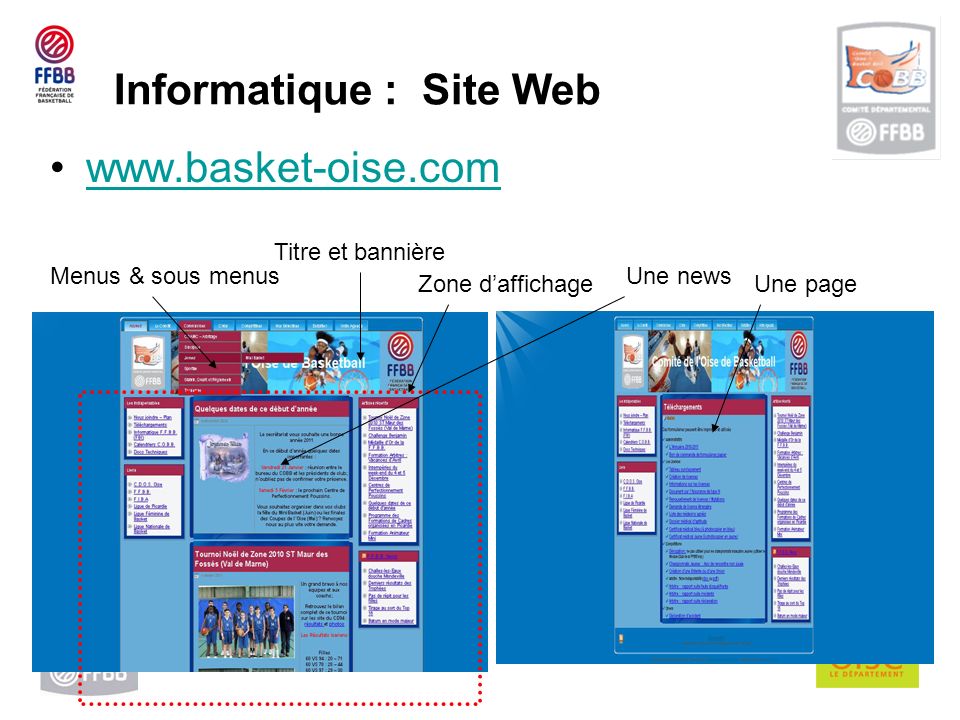 Titre et bannière Zone daffichage Une news Une page Menus & sous menus Informatique : Site Web