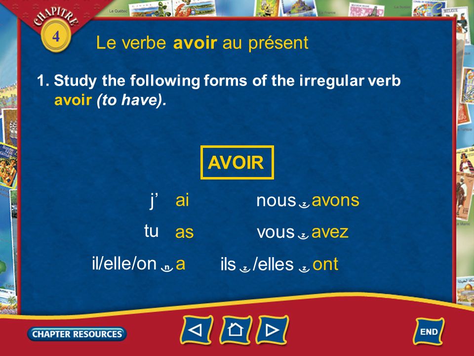 4 1. Study the following forms of the irregular verb avoir (to have).