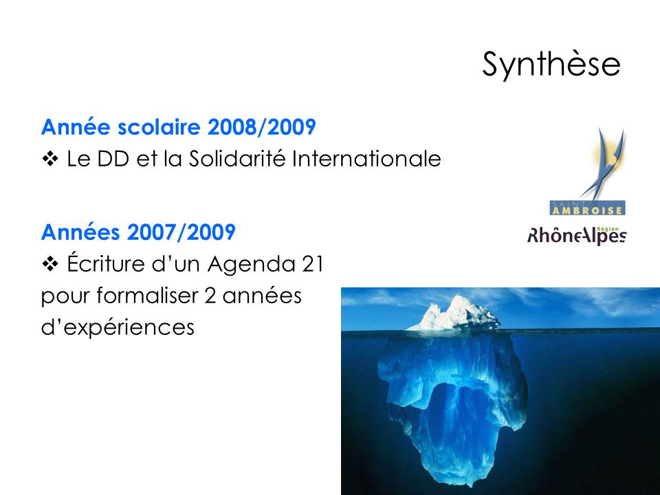 Synthèse Année scolaire 2008/2009 Le DD et la Solidarité Internationale Années 2007/2009 Écriture dun Agenda 21 pour formaliser 2 années dexpériences