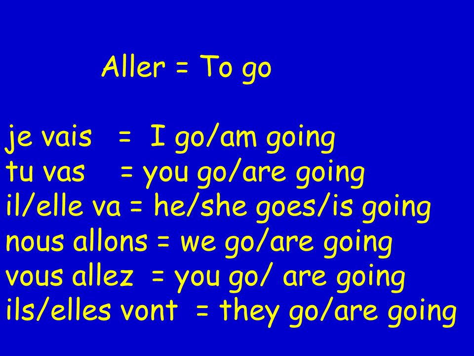 Aller = To go je vais = I go/am going tu vas = you go/are going il/elle va = he/she goes/is going nous allons = we go/are going vous allez = you go/ are going ils/elles vont = they go/are going