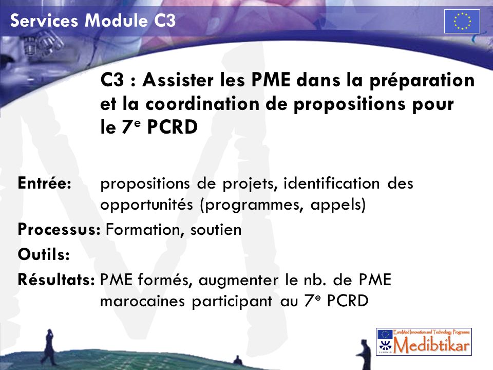 M Services Module C3 C3 : Assister les PME dans la préparation et la coordination de propositions pour le 7 e PCRD Entrée: propositions de projets, identification des opportunités (programmes, appels) Processus: Formation, soutien Outils: Résultats: PME formés, augmenter le nb.