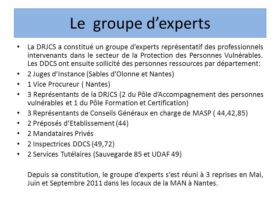 Le groupe dexperts La DRJCS a constitué un groupe dexperts représentatif des professionnels intervenants dans le secteur de la Protection des Personnes Vulnérables.