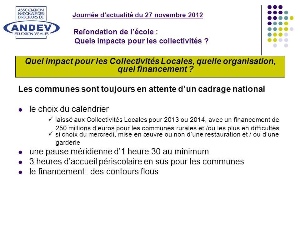 Journée dactualité du 27 novembre 2012 Refondation de lécole : Quels impacts pour les collectivités .
