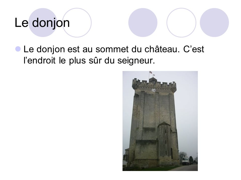 Le donjon Le donjon est au sommet du château. Cest lendroit le plus sûr du seigneur.