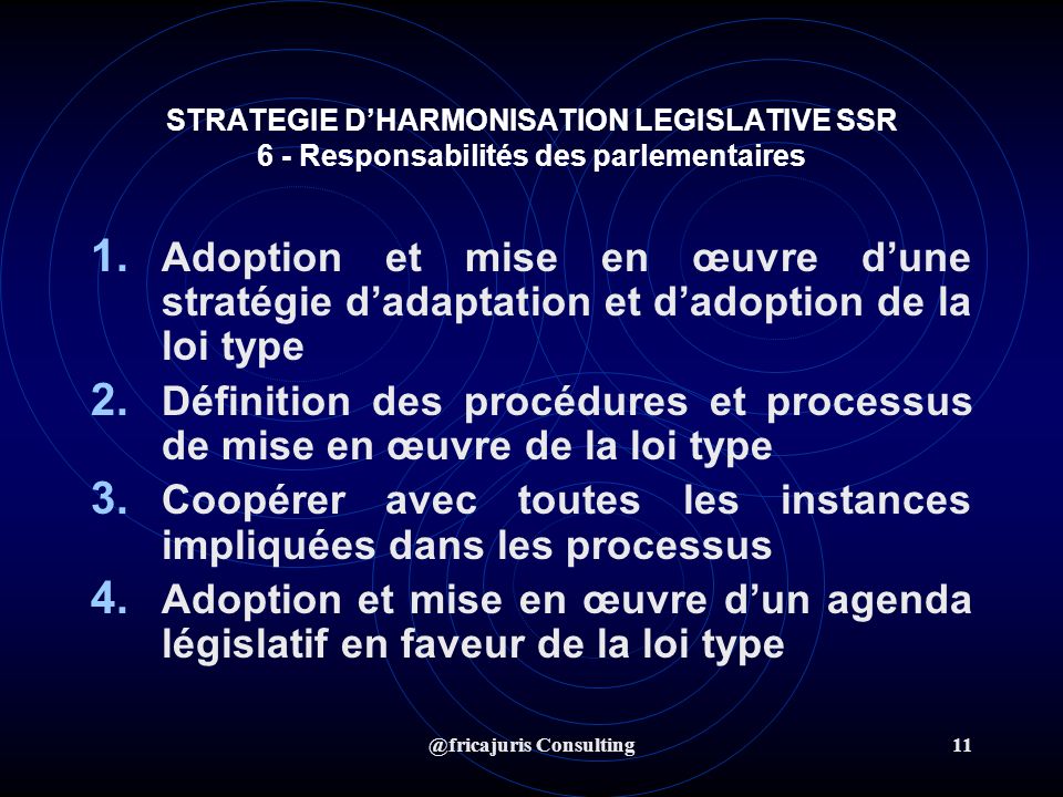 @fricajuris Consulting11 STRATEGIE DHARMONISATION LEGISLATIVE SSR 6 - Responsabilités des parlementaires 1.