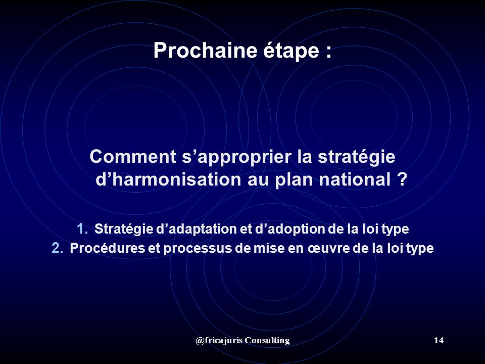 @fricajuris Consulting14 Prochaine étape : Comment sapproprier la stratégie dharmonisation au plan national .