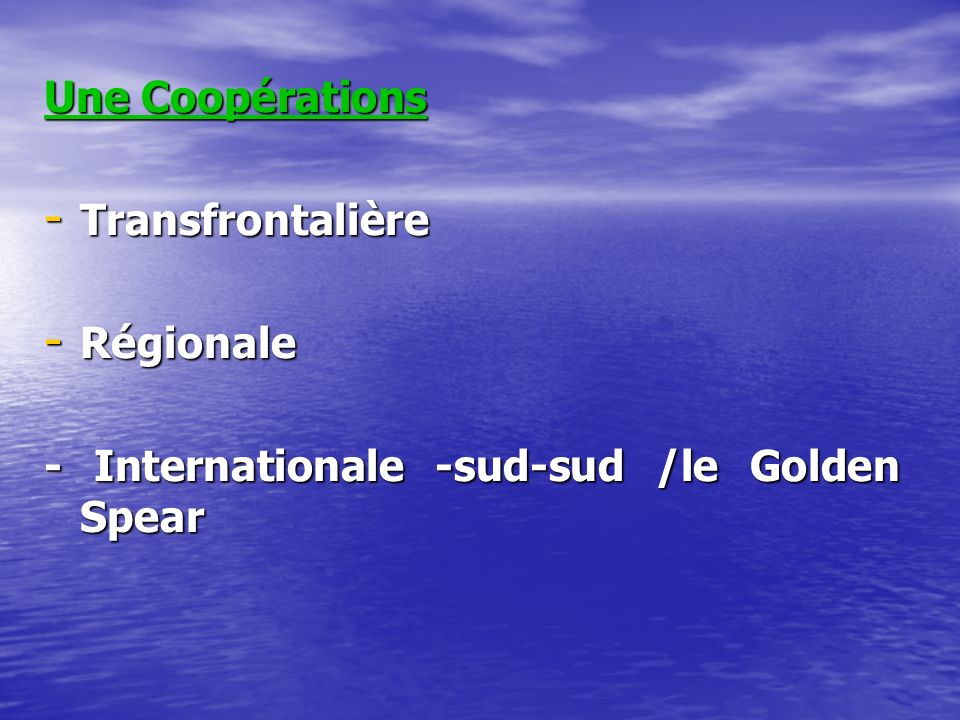 Une Coopérations - Transfrontalière - Régionale - Internationale -sud-sud /le Golden Spear
