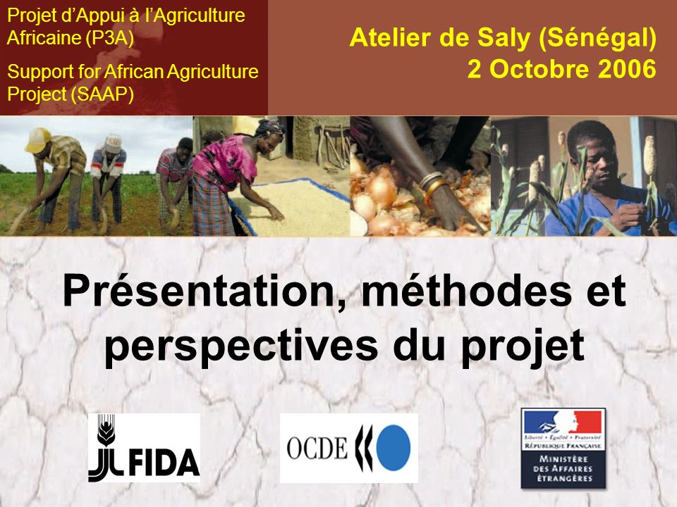 Atelier de Saly (Sénégal) 2 Octobre 2006 Présentation, méthodes et perspectives du projet Projet dAppui à lAgriculture Africaine (P3A) Support for African Agriculture Project (SAAP)