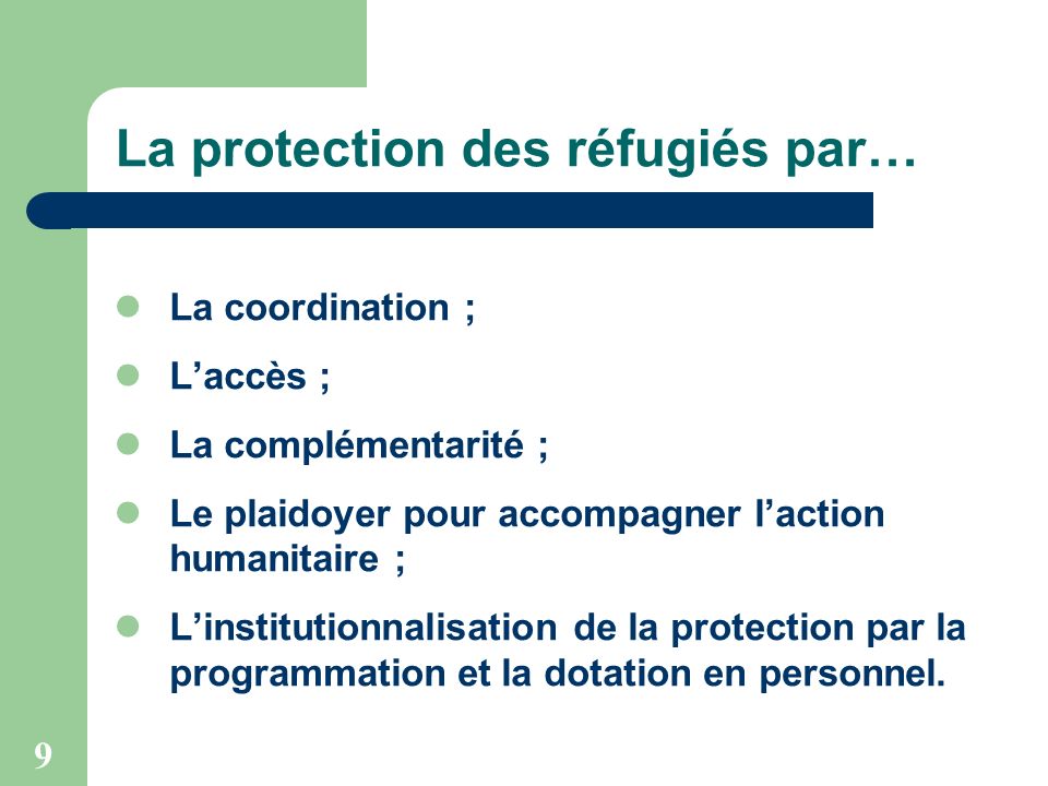 9 La protection des réfugiés par… La coordination ; Laccès ; La complémentarité ; Le plaidoyer pour accompagner laction humanitaire ; Linstitutionnalisation de la protection par la programmation et la dotation en personnel.