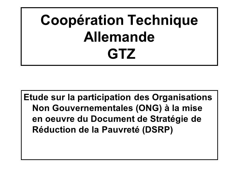 Coopération Technique Allemande GTZ Etude sur la participation des Organisations Non Gouvernementales (ONG) à la mise en oeuvre du Document de Stratégie de Réduction de la Pauvreté (DSRP)