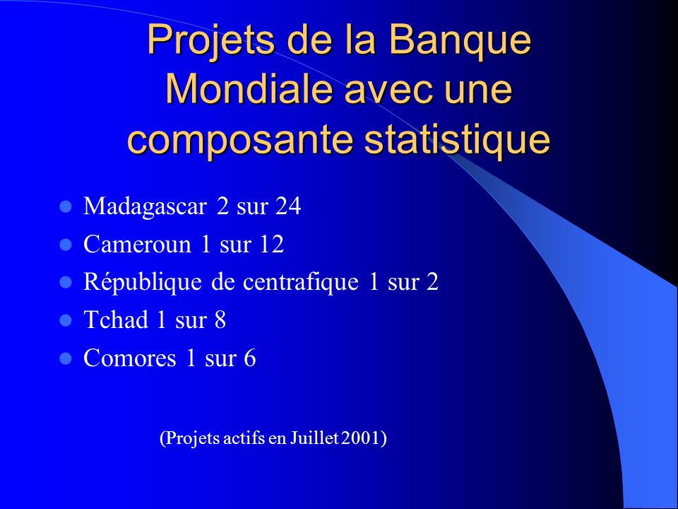 Projets de la Banque Mondiale avec une composante statistique Madagascar 2 sur 24 Cameroun 1 sur 12 République de centrafique 1 sur 2 Tchad 1 sur 8 Comores 1 sur 6 (Projets actifs en Juillet 2001)