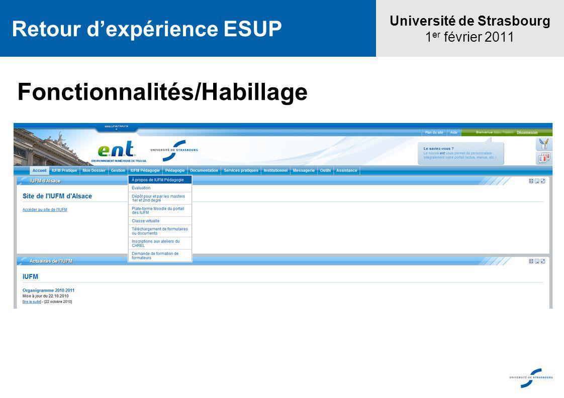 Université de Strasbourg 1 er février 2011 Retour dexpérience ESUP Fonctionnalités/Habillage