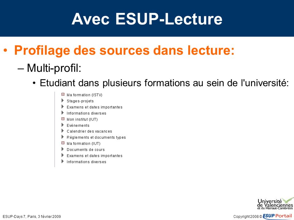Copyright 2008 © ESUP-Days 7, Paris, 3 février 2009 Avec ESUP-Lecture Profilage des sources dans lecture: –Multi-profil: Etudiant dans plusieurs formations au sein de l université: