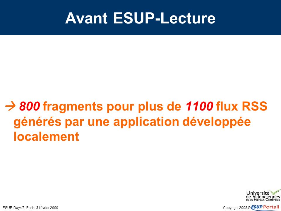 Copyright 2008 © ESUP-Days 7, Paris, 3 février 2009 Avant ESUP-Lecture 800 fragments pour plus de 1100 flux RSS générés par une application développée localement