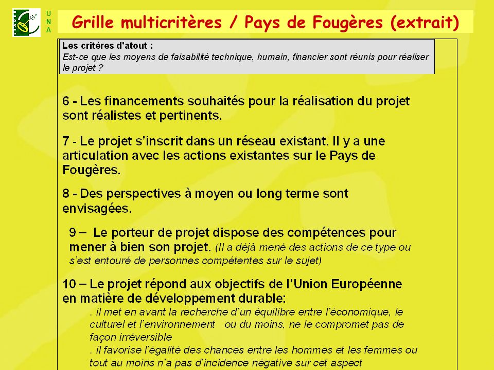 U N A Unité Nationale dAnimation LEADER+ Grille multicritères / Pays de Fougères (extrait)