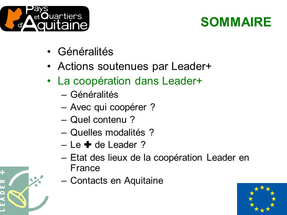 Généralités Actions soutenues par Leader+ La coopération dans Leader+ –Généralités –Avec qui coopérer .