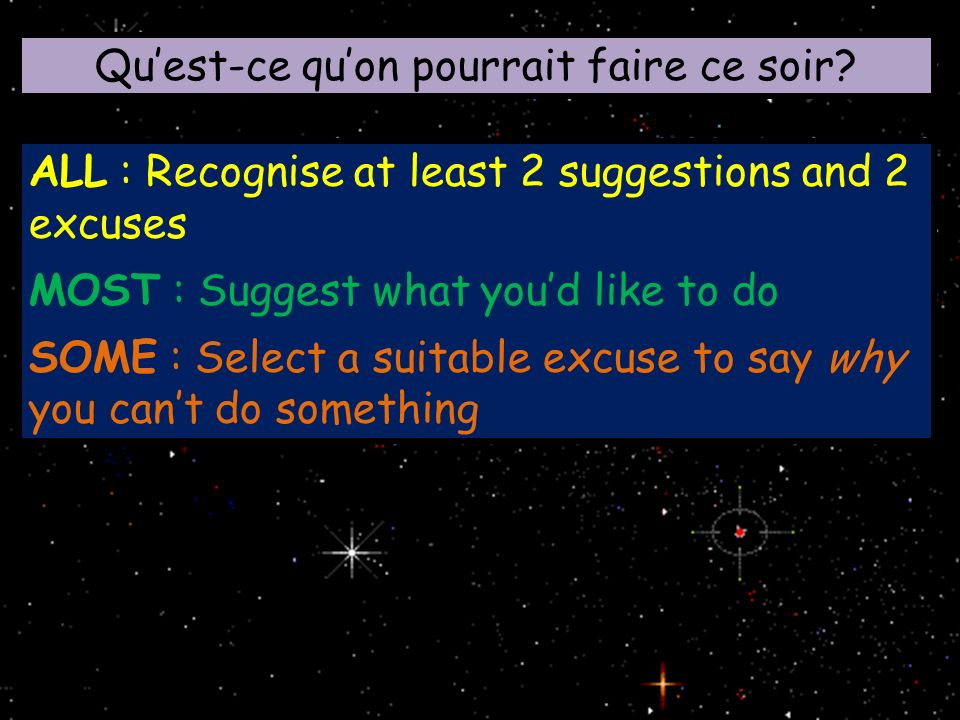 ALL : Recognise at least 2 suggestions and 2 excuses MOST : Suggest what youd like to do SOME : Select a suitable excuse to say why you cant do something Quest-ce quon pourrait faire ce soir