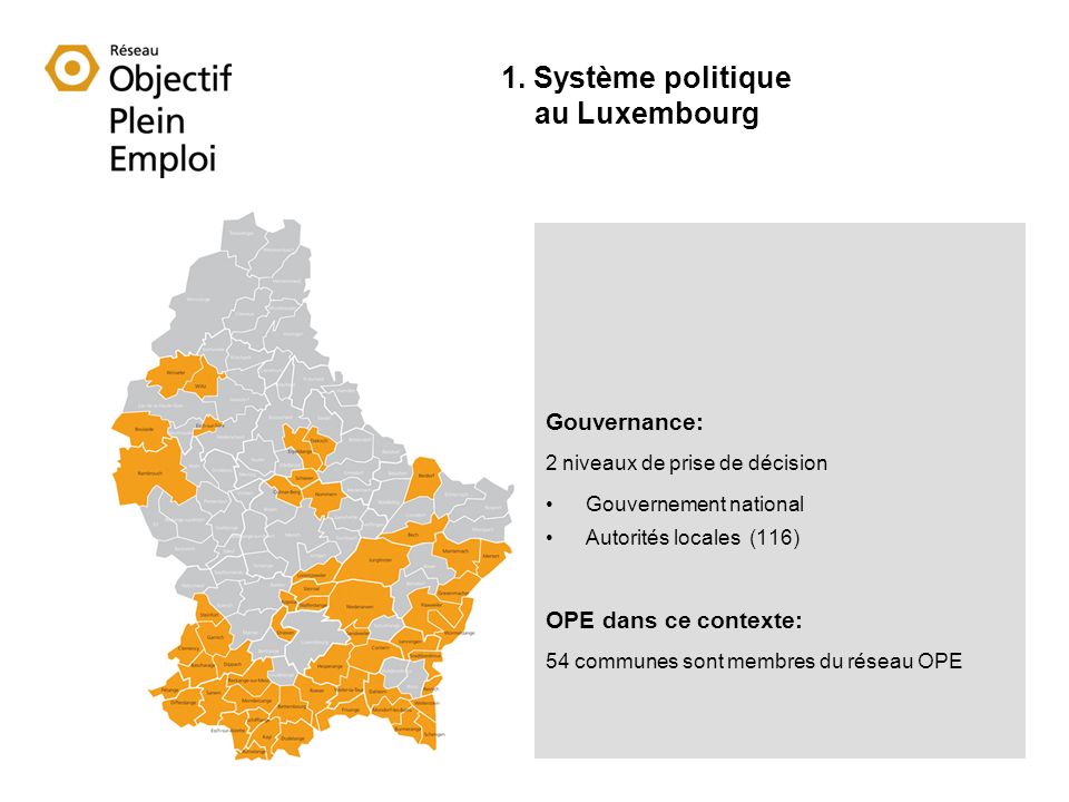 Gouvernance: 2 niveaux de prise de décision Gouvernement national Autorités locales (116) OPE dans ce contexte: 54 communes sont membres du réseau OPE 1.