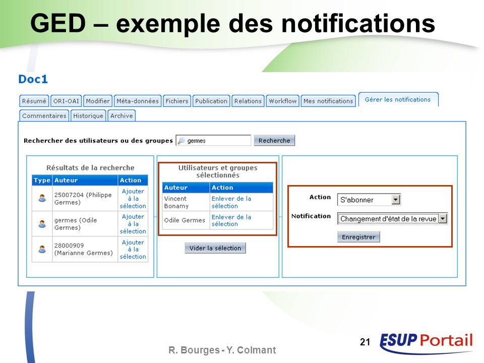 R. Bourges - Y. Colmant 21 GED – exemple des notifications