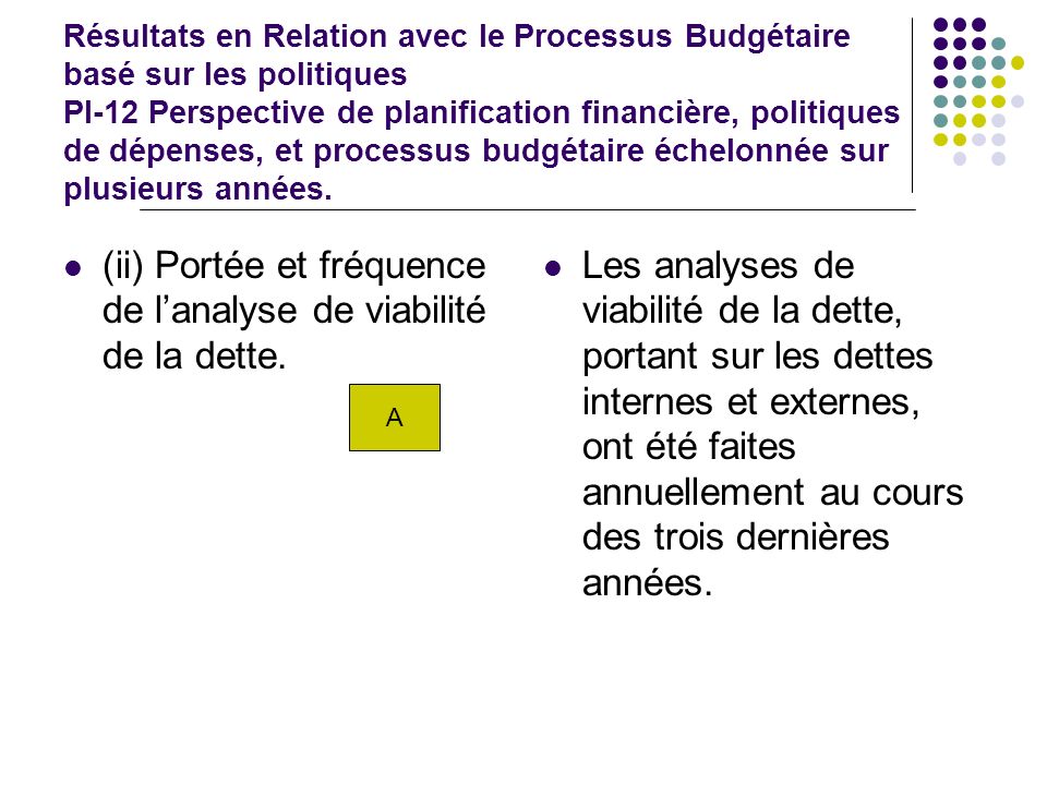 Résultats en Relation avec le Processus Budgétaire basé sur les politiques PI-12 Perspective de planification financière, politiques de dépenses, et processus budgétaire échelonnée sur plusieurs années.