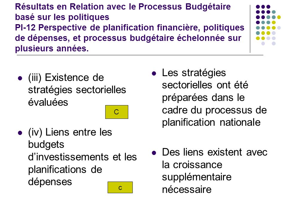 Résultats en Relation avec le Processus Budgétaire basé sur les politiques PI-12 Perspective de planification financière, politiques de dépenses, et processus budgétaire échelonnée sur plusieurs années.