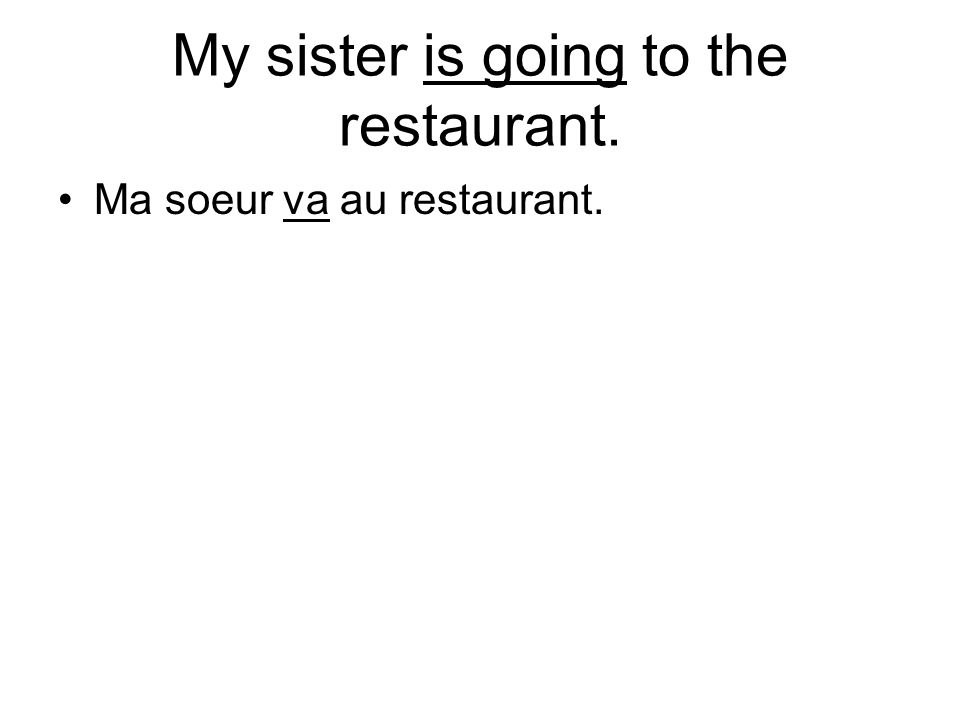My sister is going to the restaurant. Ma soeur va au restaurant.