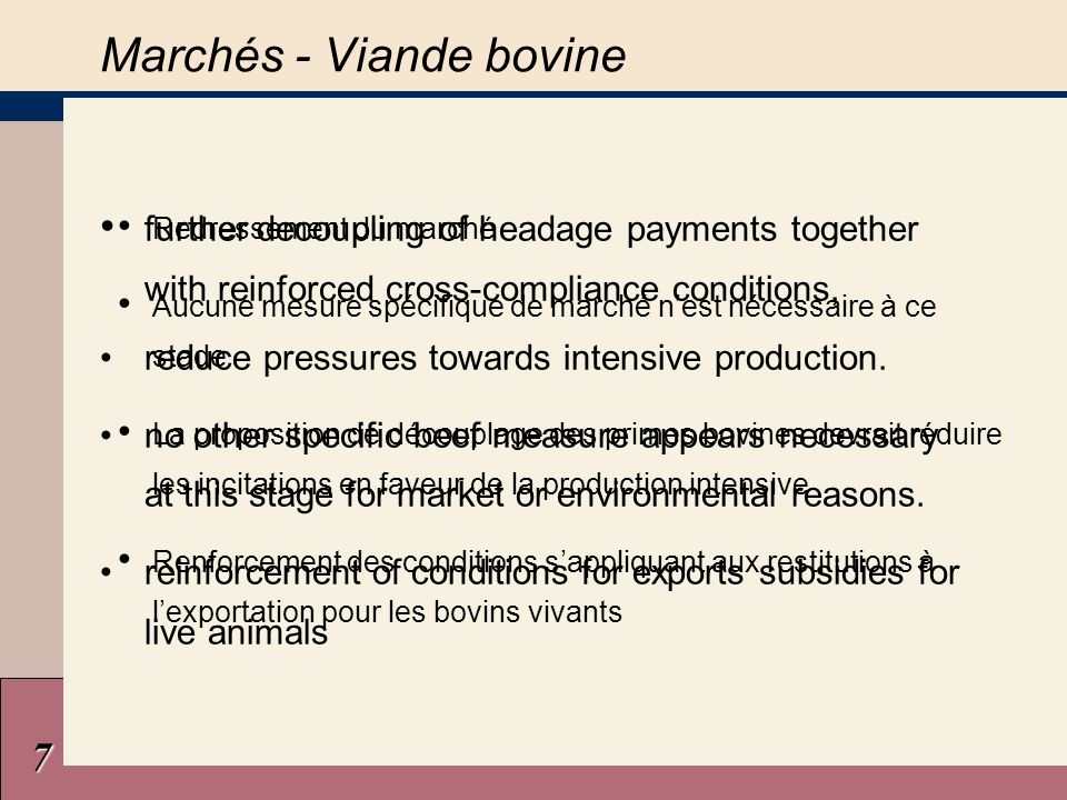 7 Marchés - Viande bovine further decoupling of headage payments together with reinforced cross-compliance conditions, reduce pressures towards intensive production.