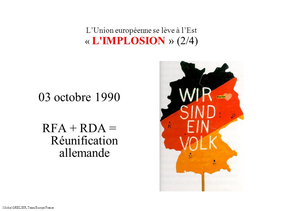 LUnion européenne se lève à lEst « L IMPLOSION » (2/4) Michel GRELIER, Team Europe France 03 octobre 1990 RFA + RDA = Réunification allemande