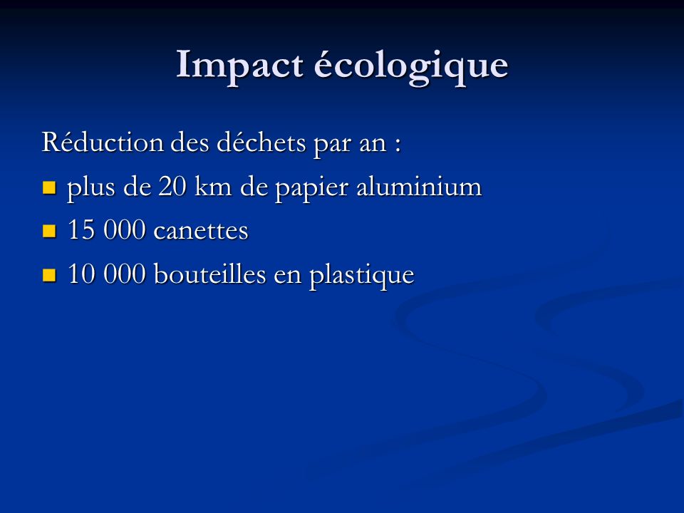 Impact écologique Réduction des déchets par an : plus de 20 km de papier aluminium plus de 20 km de papier aluminium canettes canettes bouteilles en plastique bouteilles en plastique