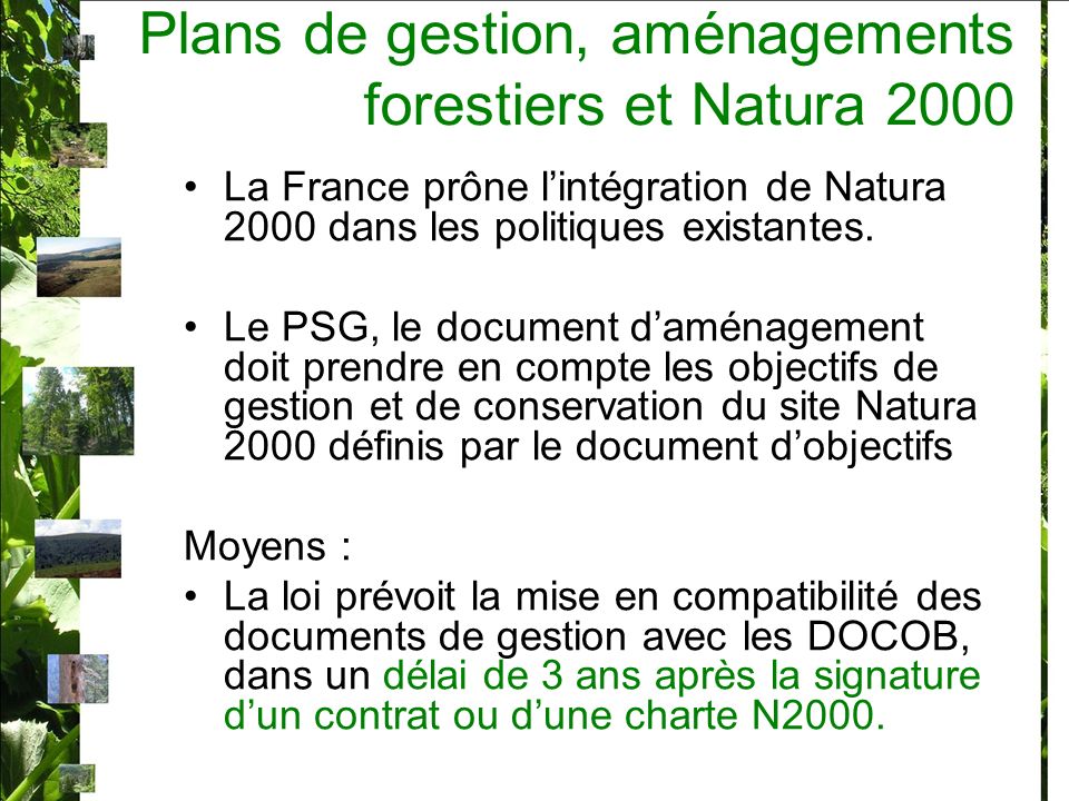 Plans de gestion, aménagements forestiers et Natura 2000 La France prône lintégration de Natura 2000 dans les politiques existantes.