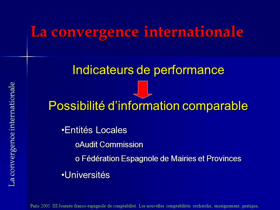 Indicateurs de performance Possibilité dinformation comparable Paris 2005.
