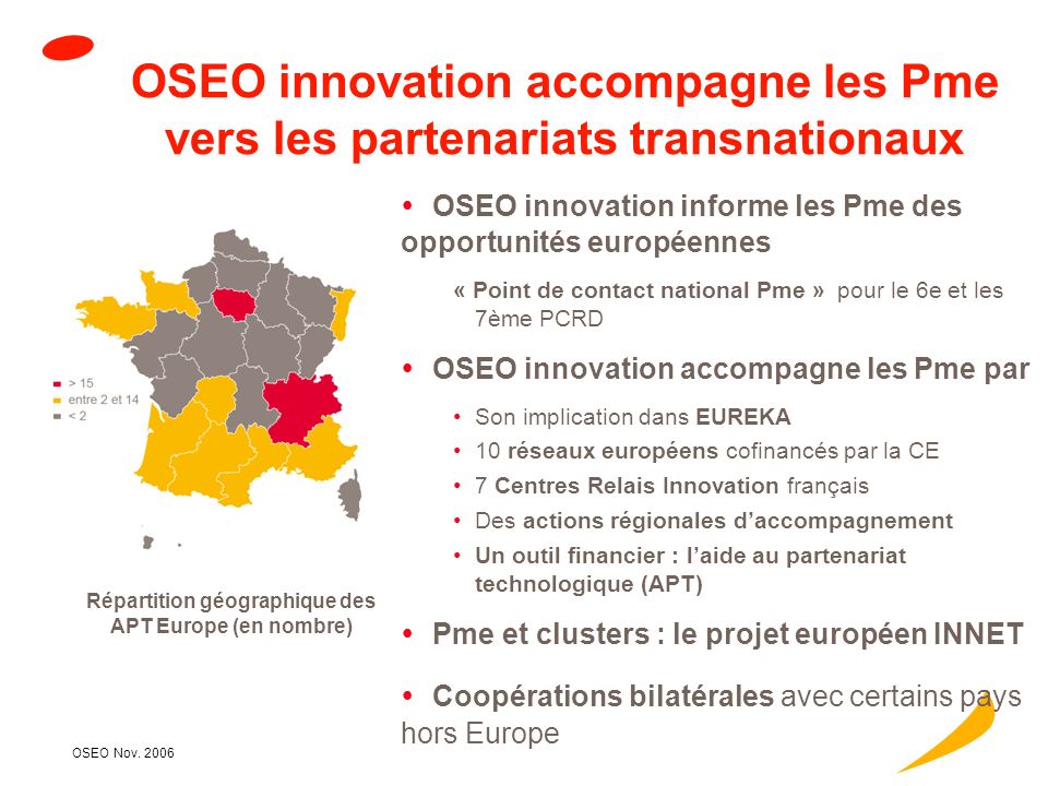 Novembre 2006 Pme et partenariats transnationaux : Appuis OSEO innovation