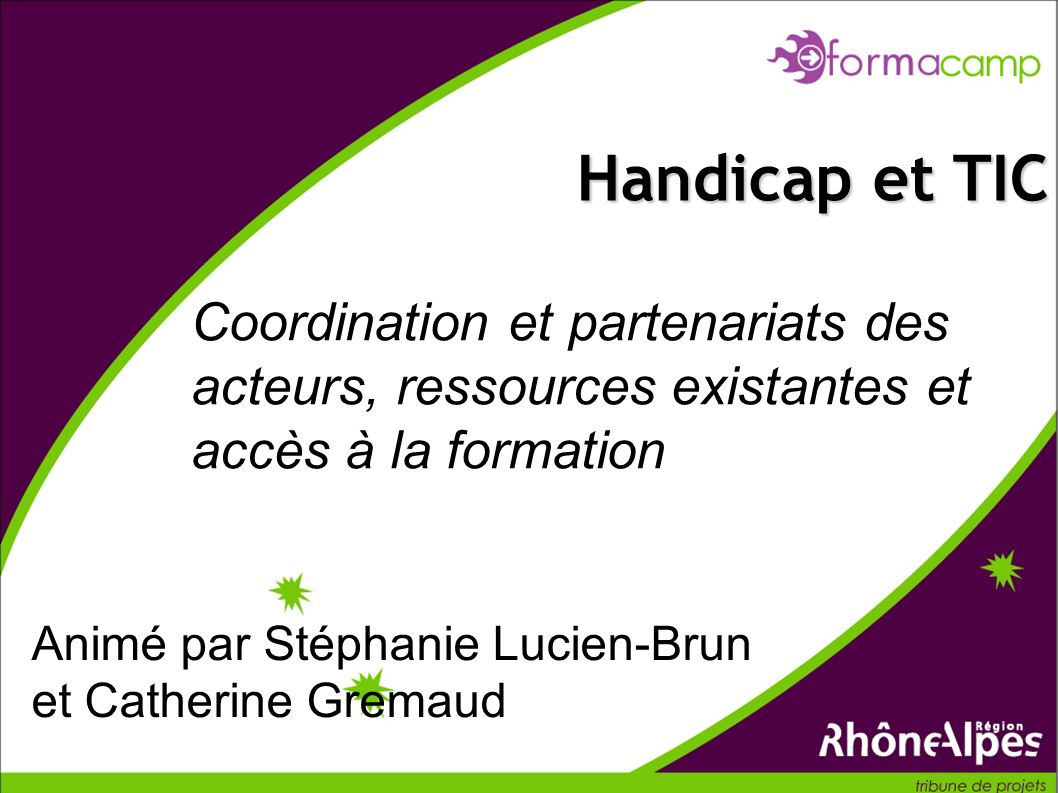 Coordination et partenariats des acteurs, ressources existantes et accès à la formation Handicap et TIC Animé par Stéphanie Lucien-Brun et Catherine Gremaud