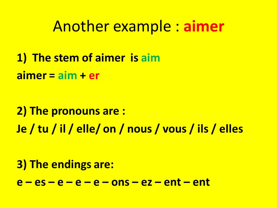 1)The stem of aimer is aim aimer = aim + er 2) The pronouns are : Je / tu / il / elle/ on / nous / vous / ils / elles 3) The endings are: e – es – e – e – e – ons – ez – ent – ent Another example : aimer