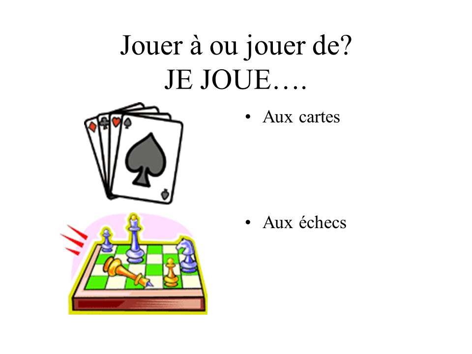 Jouer à ou jouer de JE JOUE…. Aux cartes Aux échecs