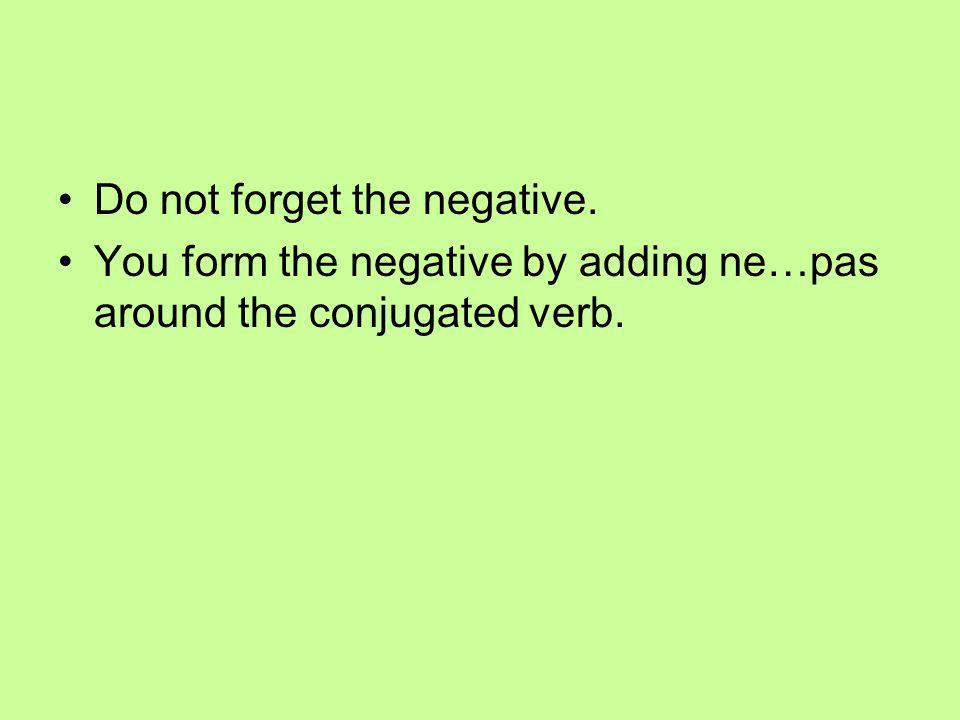 Do not forget the negative. You form the negative by adding ne…pas around the conjugated verb.