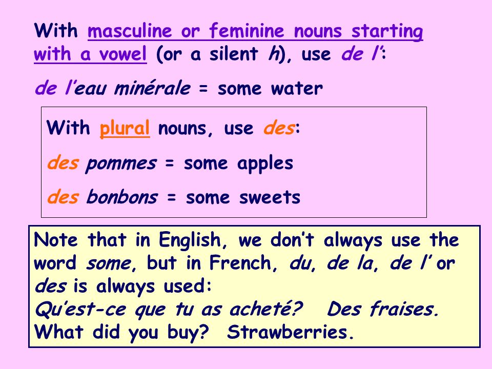 With masculine or feminine nouns starting with a vowel (or a silent h), use de l: de leau minérale = some water Note that in English, we dont always use the word some, but in French, du, de la, de l or des is always used: Quest-ce que tu as acheté.