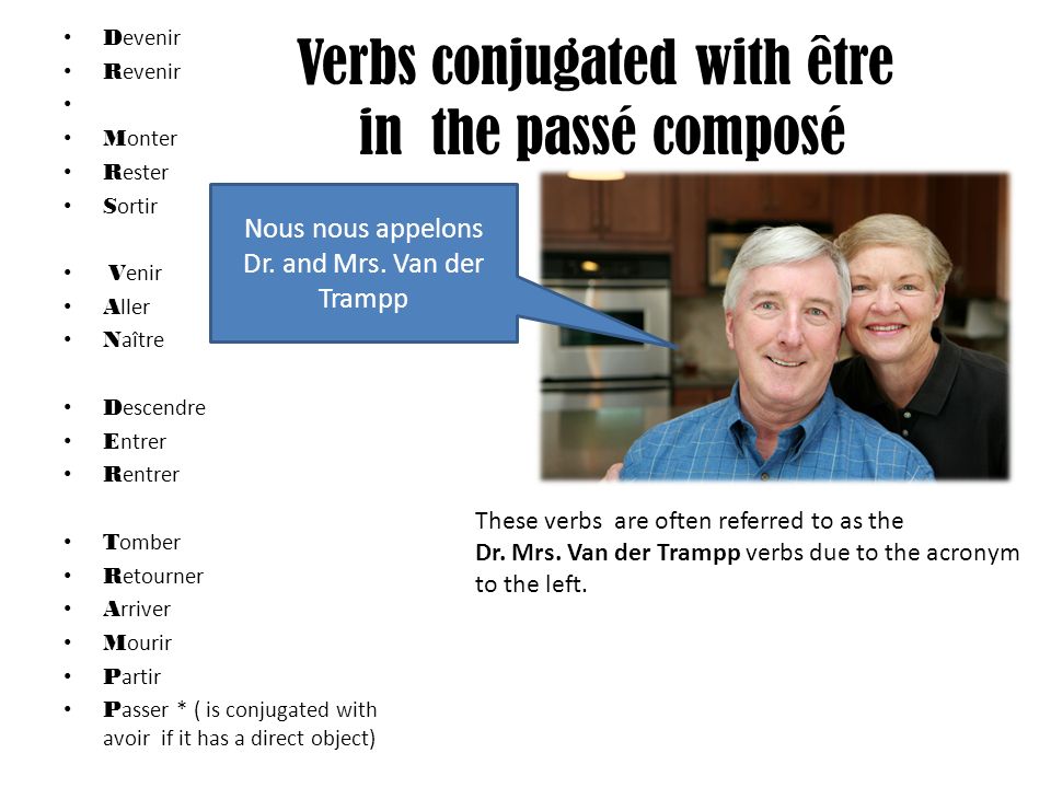 Verbs conjugated with être in the passé composé D evenir R evenir M onter R ester S ortir V enir A ller N aître D escendre E ntrer R entrer T omber R etourner A rriver M ourir P artir P asser * ( is conjugated with avoir if it has a direct object) These verbs are often referred to as the Dr.