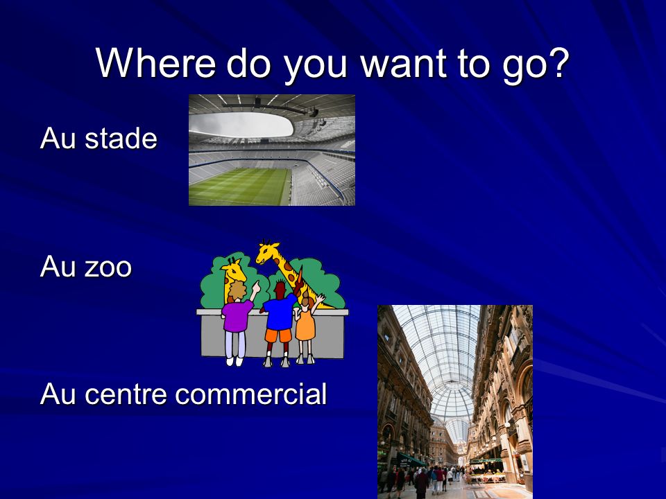 Where do you want to go Au stade Au zoo Au centre commercial