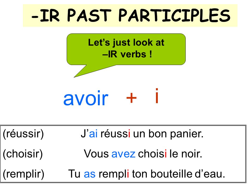 -IR PAST PARTICIPLES i Lets just look at –IR verbs .