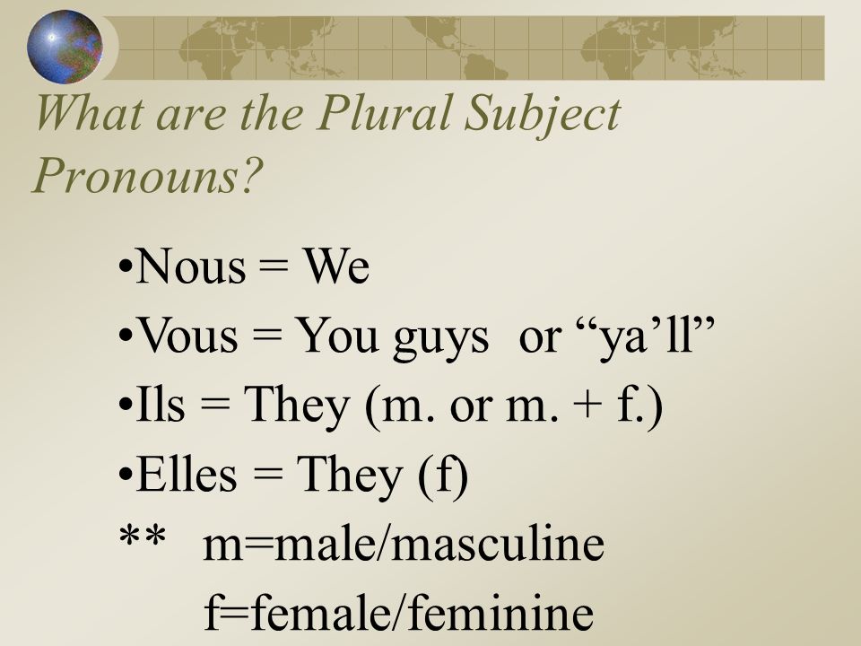 Je = I Tu = You (1 person) Il = He/It, one guys name (Pierre),one masc.